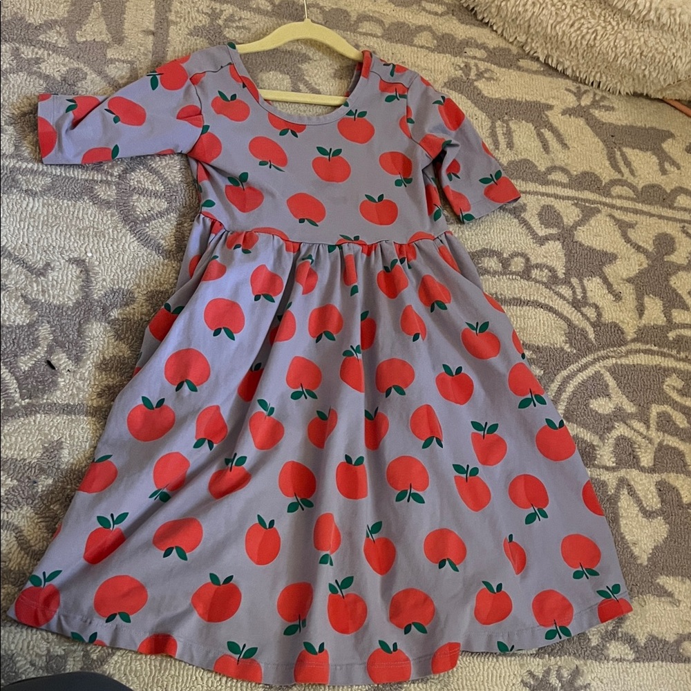Girls Apple Print Cotton Dress - Red on Lavender